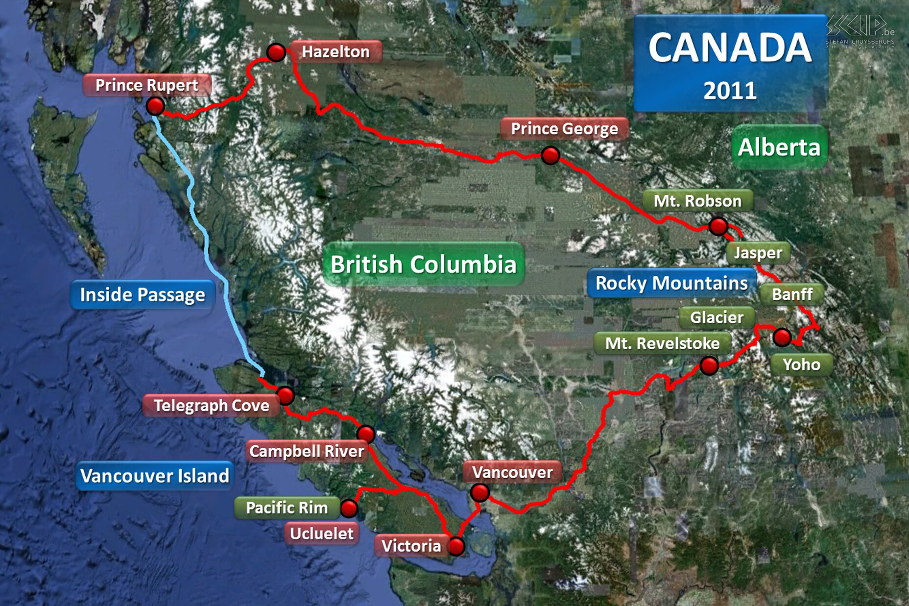 British Columbia & Alberta: reisroute Vanaf midden augustus 2011 trok ik met enkele vrienden 4 weken door het westen van Canada in de staten British Columbia en Alberta. In de prachtige Rocky Mountains stonden wandelingen en een trekking langsheen besneeuwde bergtoppen, azuurblauwe meren, bergrivieren, hoge watervallen en gletsjers op het programma. Regelmatig konden we wildlife spotten zoals herten, zwarte beren, eekhoorns, ... <br />
<br />
Door indianengebied reden we naar de westkust waar we met de ferry doorheen de fjorden en ongerepte eilanden van de Inside Passage vaarden. Op Vancouver Island verkenden we de ruige stranden en indrukwekkende regenwouden en namen we de tijd voor verscheidene boottochten op zee om orca's, walvissen, zeeleeuwen en zeearenden te spotten. Eén van de hoogtepunten waren de ontmoetingen met de grizzlyberen tijdens de jaarlijkse zalmtrek. Onze reis eindigde in de steden Victoria en Vancouver. Stefan Cruysberghs